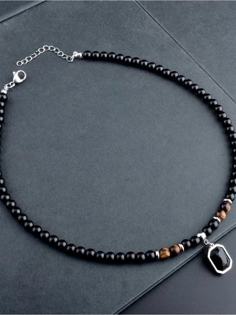 Beaded Black Necklace with Faceted Black Stone Pendant